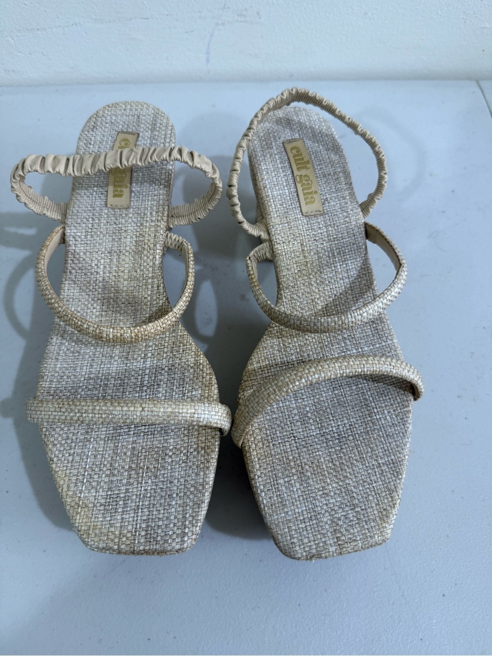 cult gaia Beige Raffia-Strap Square-Toe Heeled Sandals